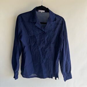 Bouquet Hand Embroideredbutton Up Shirt Blouse Top Navy Blue Sz 40 Women’s EUC